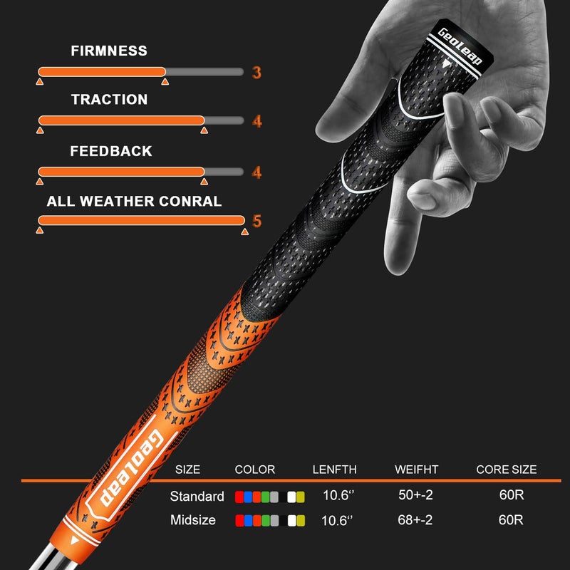 Geoleap Golf Grips Set of 13- Cord Rubber Compound Material, Hybrid Golf Club Grips, All Weather Performance.(Orange, Standard) - Image 5